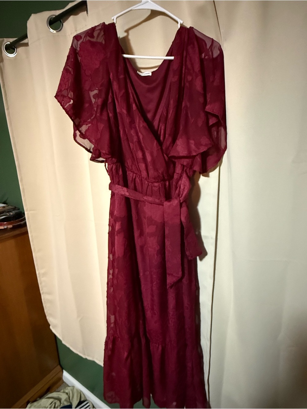 Wine Red Flutter-Sleeve Maxi Dress with Self-Tie Waist